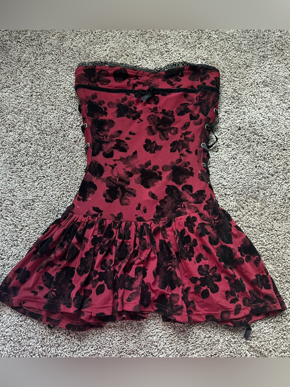Dolls Kill Burgundy and Black Floral Strapless Ruffle Dress